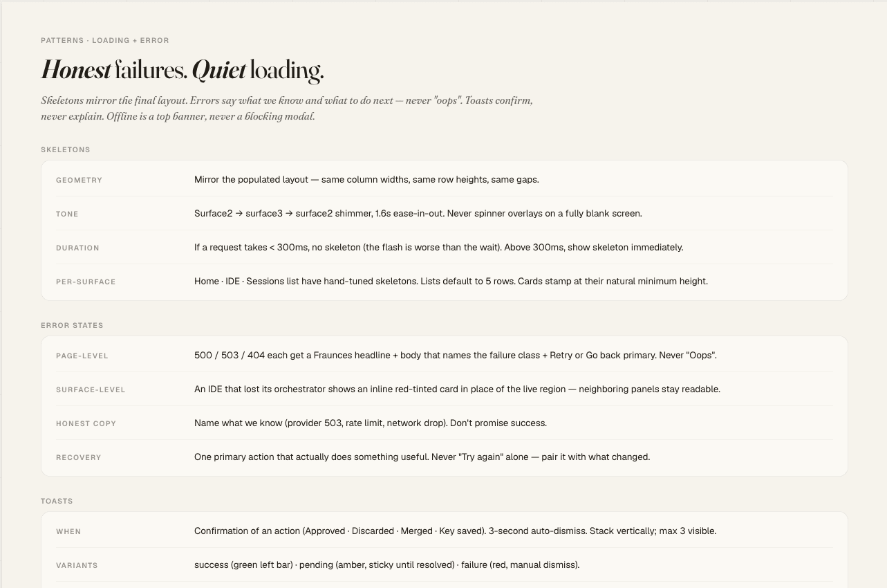 Design system — dürüst hatalar, sessiz yüklenme.
