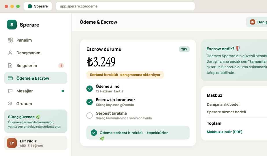Escrow serbest bırakma — para aşamalarda ilerler.