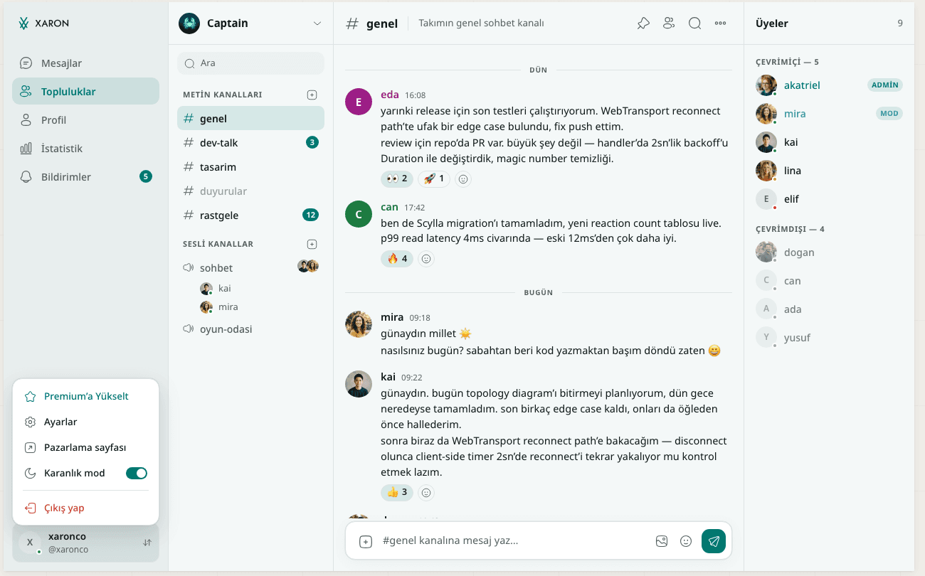 Topluluk — metin, ses & video kanalları, açık ve koyu temada.